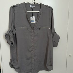 Calvin Klein grey women button down shirt with two front zipper chest pocket